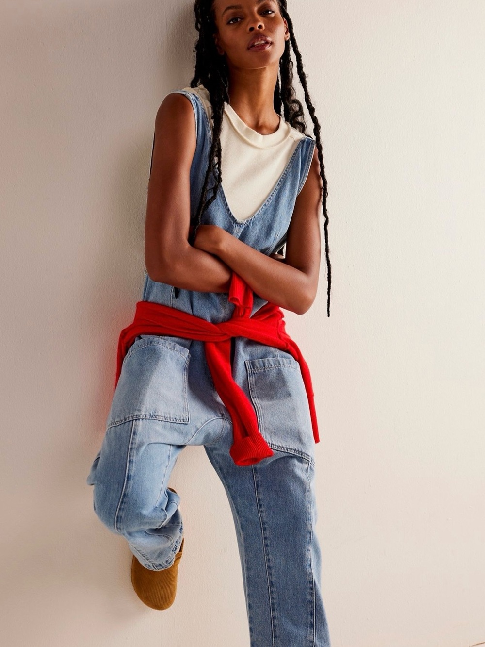 Free People High Roller Jumpsuit/ Overalls light blue denim SZ L NWT - Picture 3 of 9